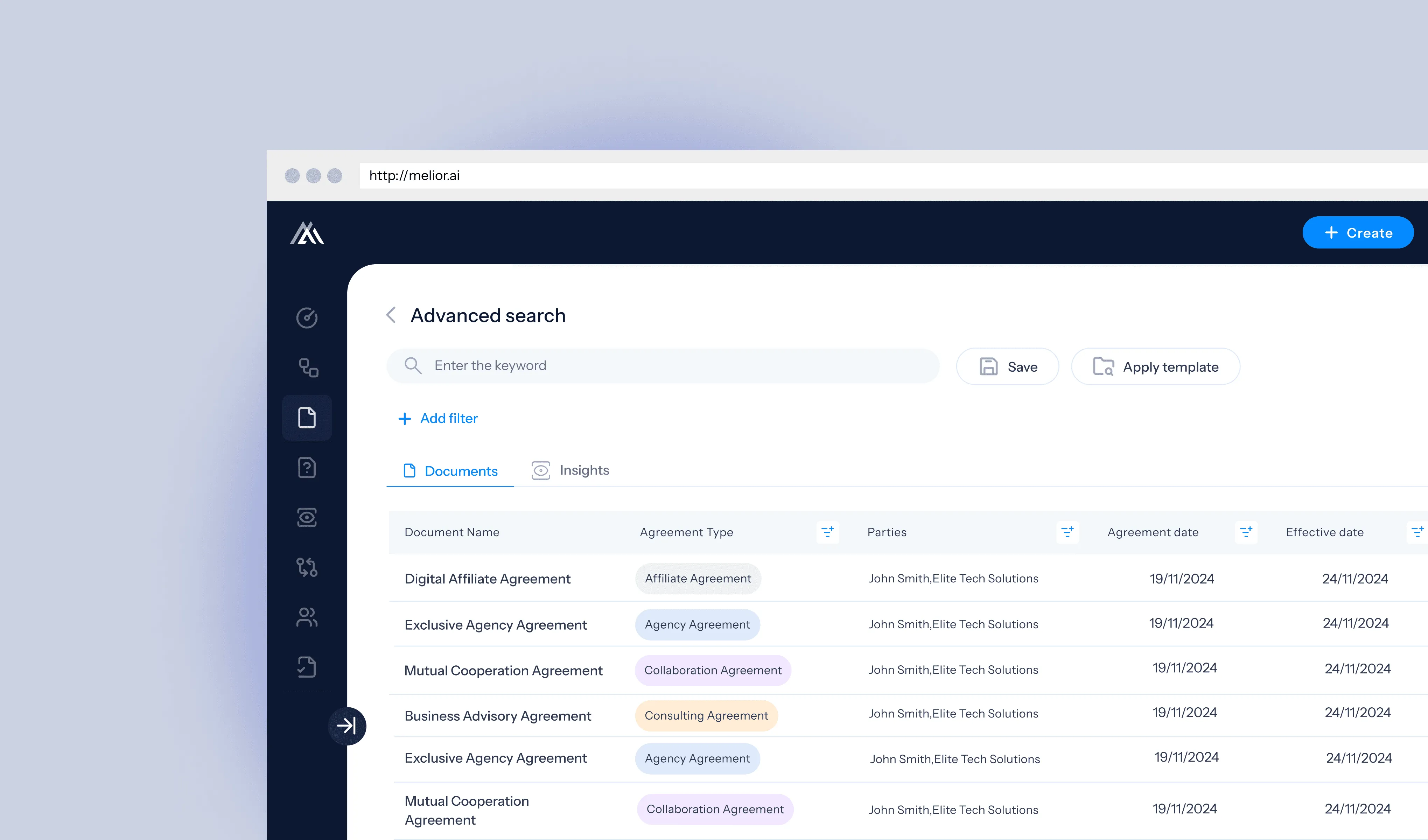 Melior advanced search screen listing legal agreements