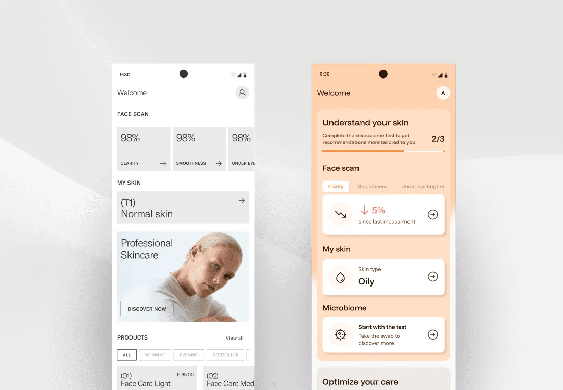 The skincare app home screen shown in both brand styles