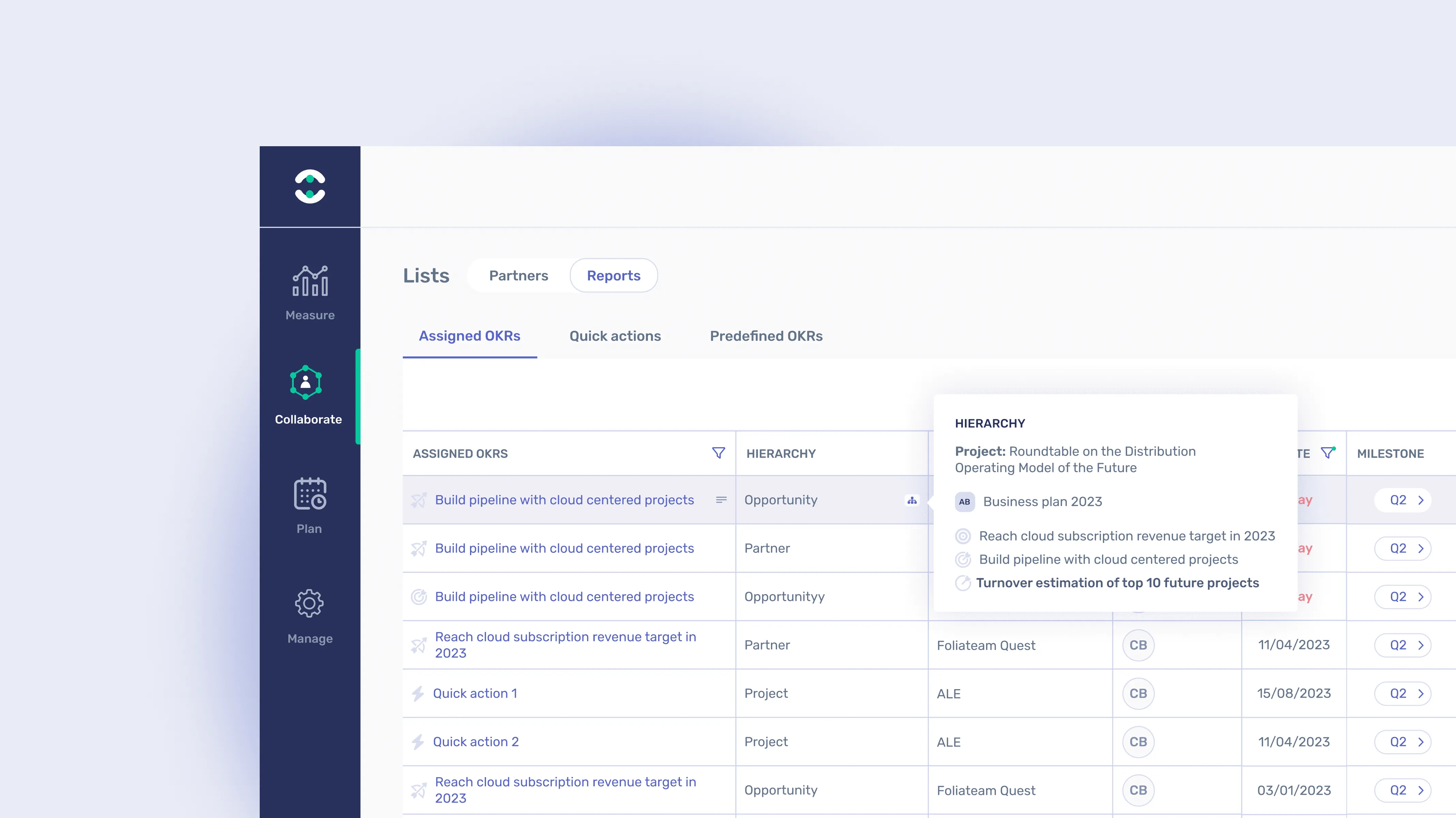 Qollabi list of assigned OKRs with the hierarchy popover open
